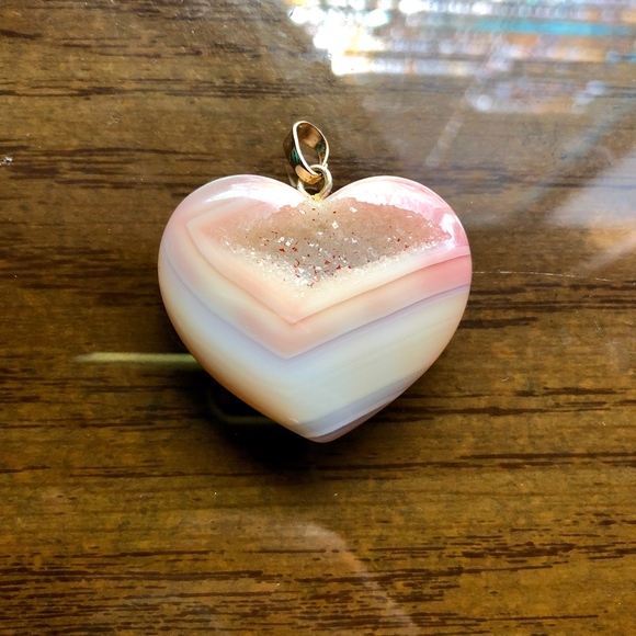 Pendant Necklace Pink Heart Silver Tone Chain Pink Agate